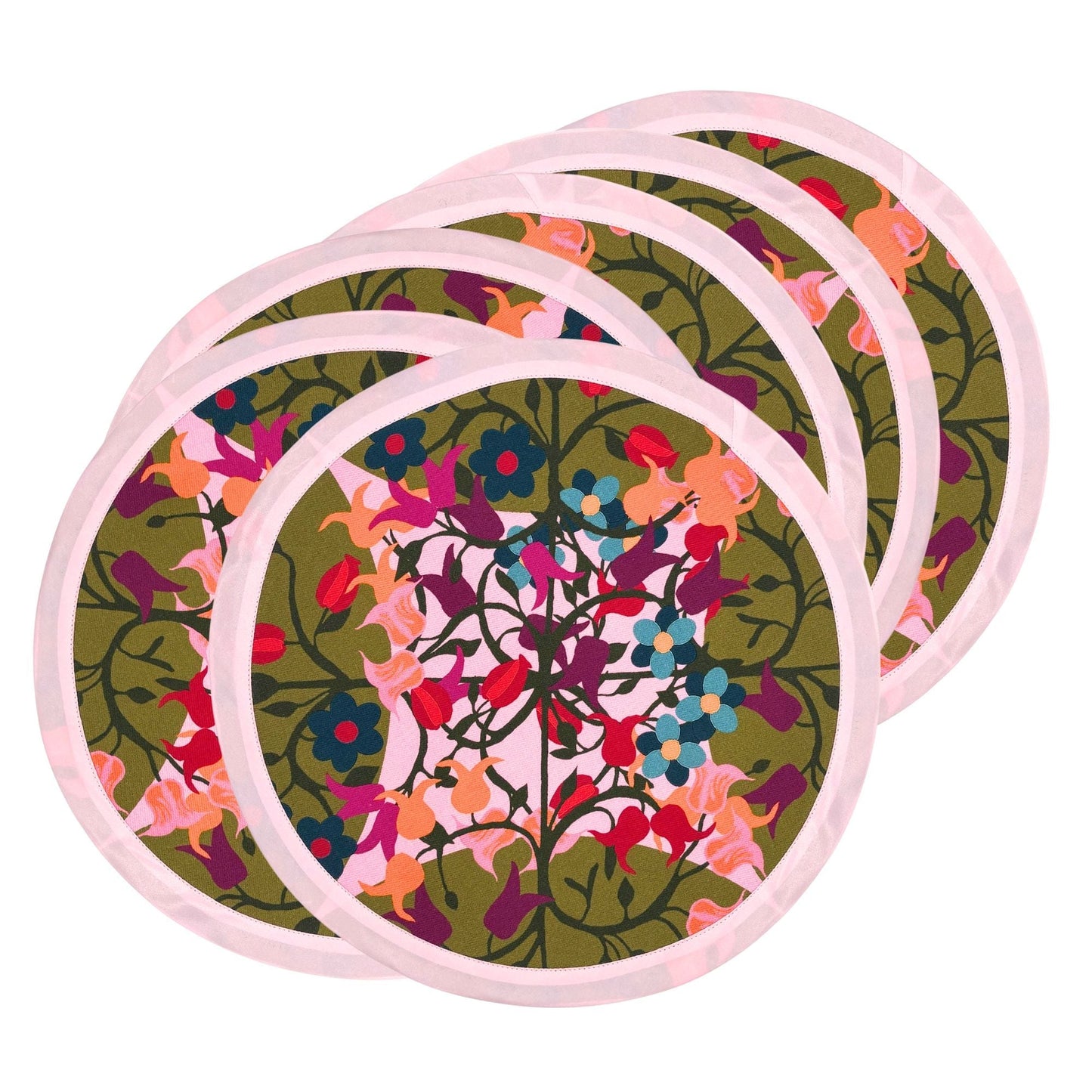 6 Round Placemats Blumen Green/Pink