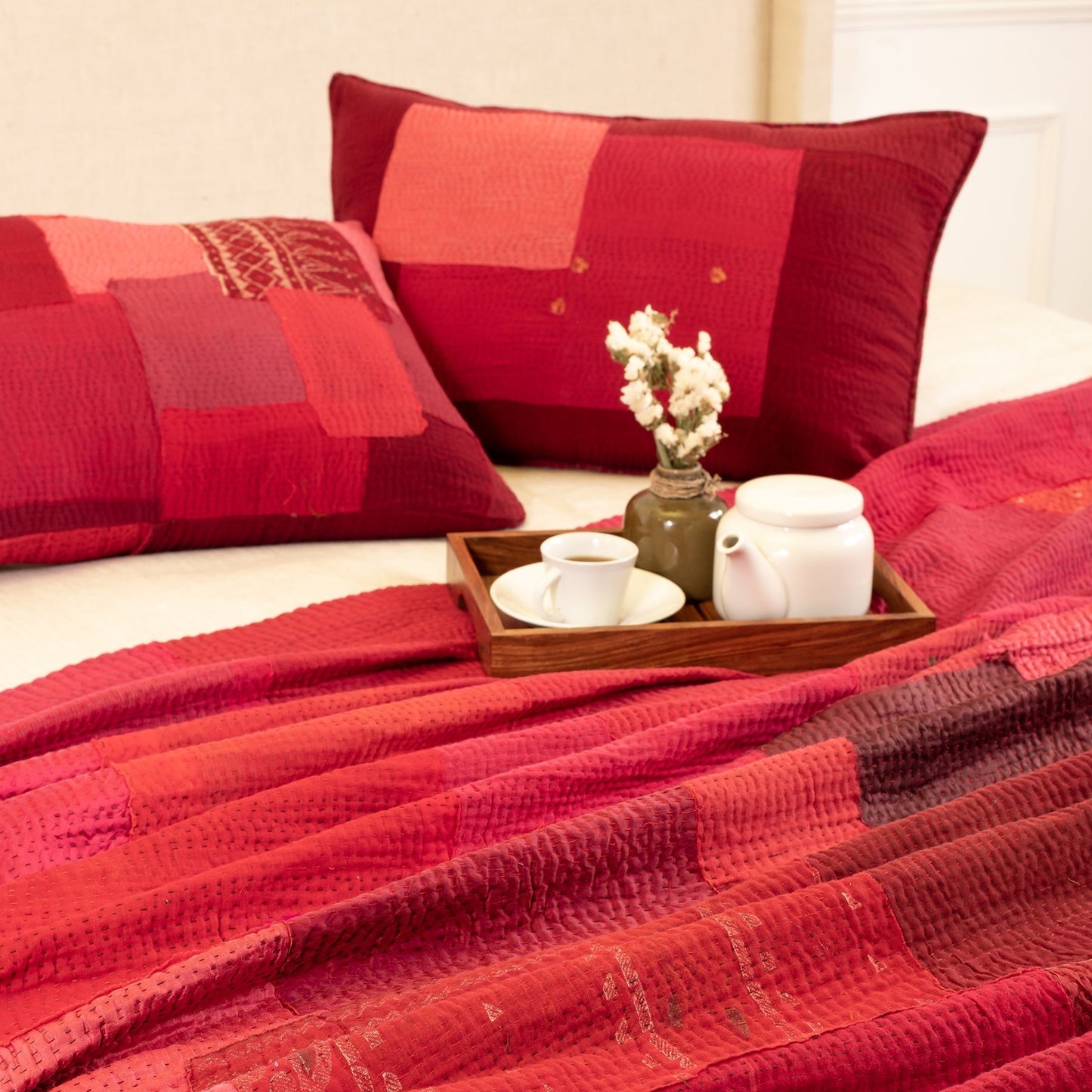 Landscape Fray Patch Handmade Vintage Kantha Throw - Red