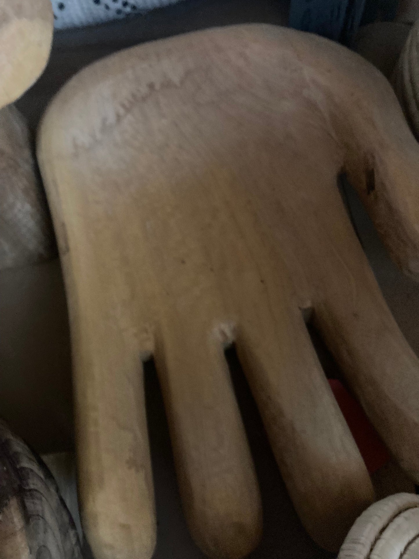 Open Hand Hand-Carved Wooden Bowl Sculpture (Discoloration)