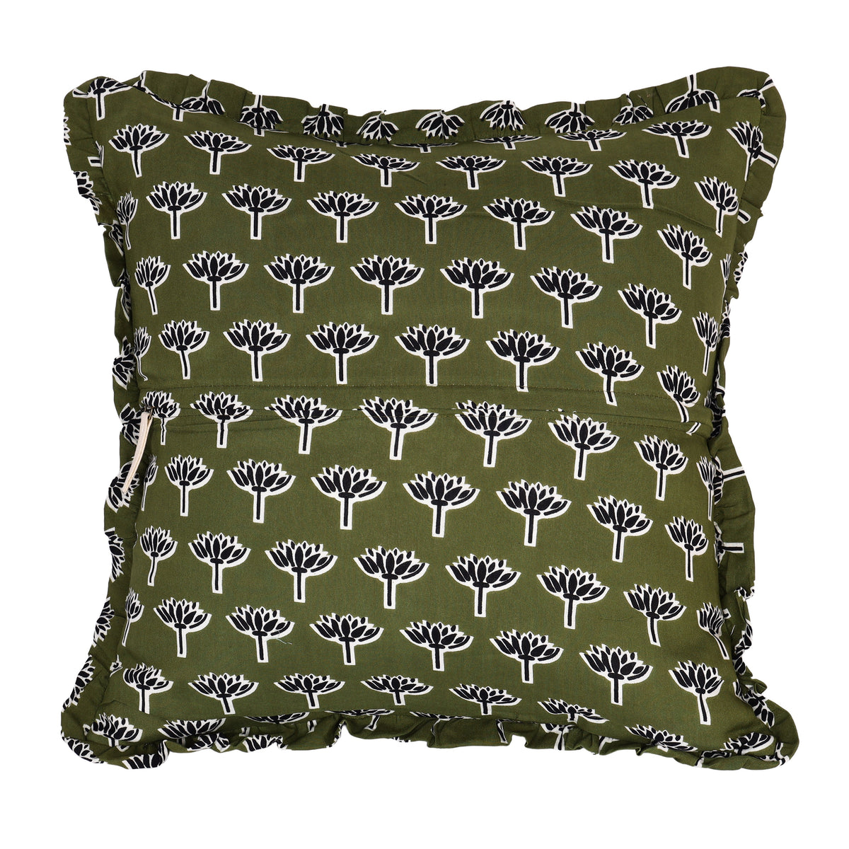Block-Printed Pillow Cover | 20x20 Ruffled Cotton, Hidden Zipper