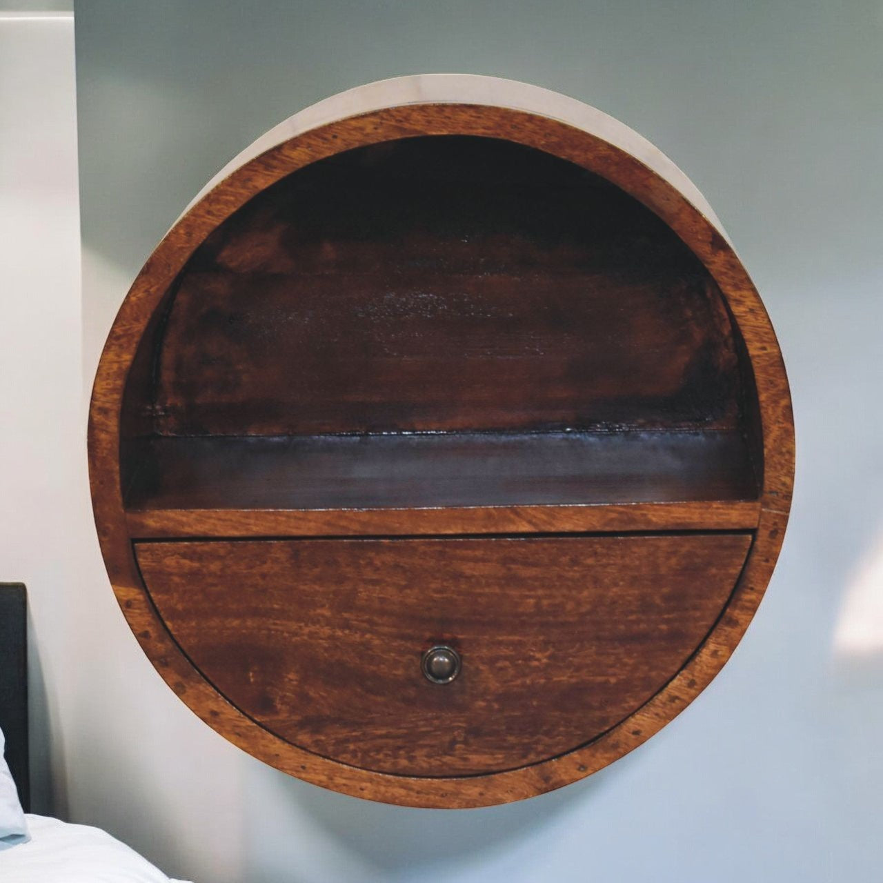 Solid Wood Floating Circle Chestnut Bedside Table