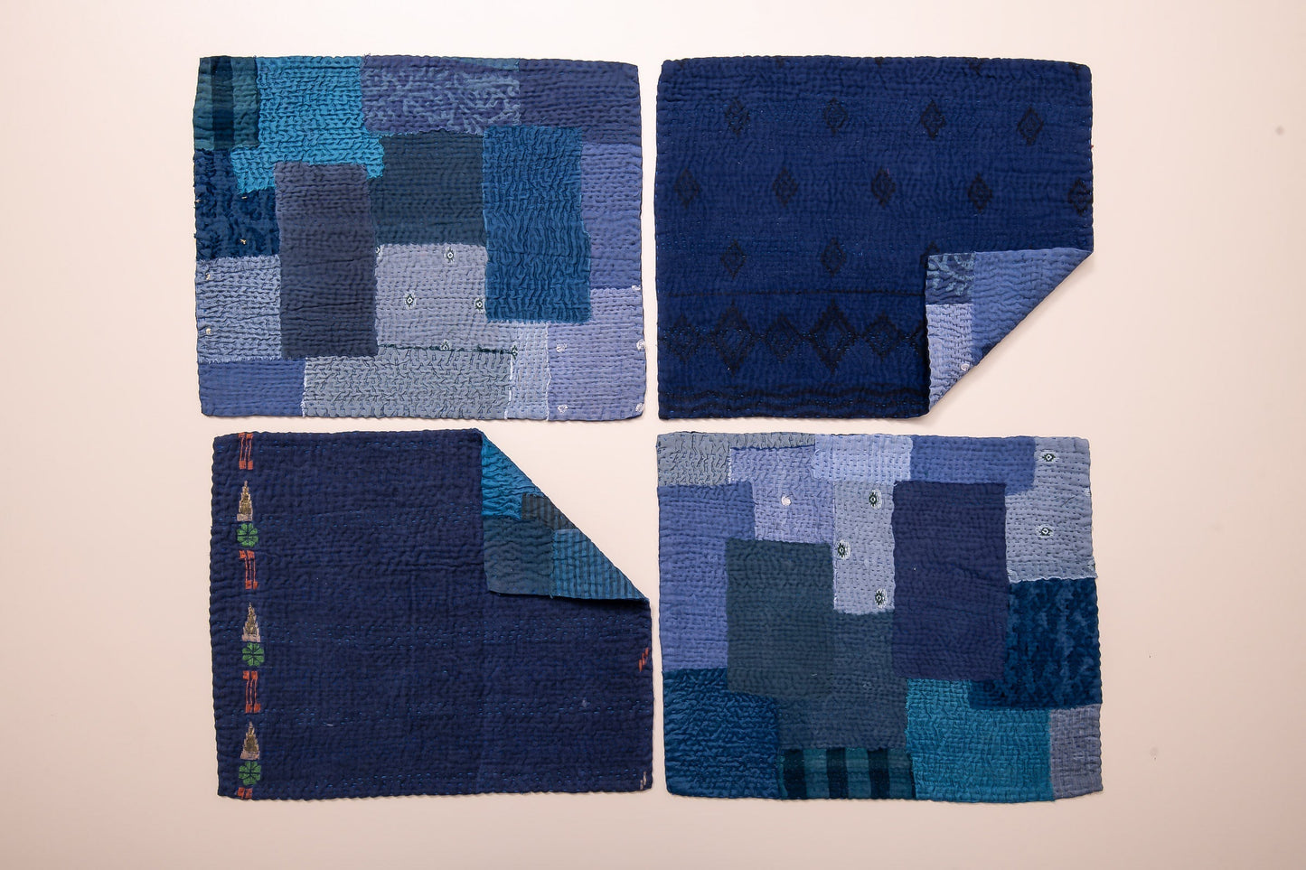 S/2 Landscape Fray Patch Vintage Kantha Placemat - Navy
