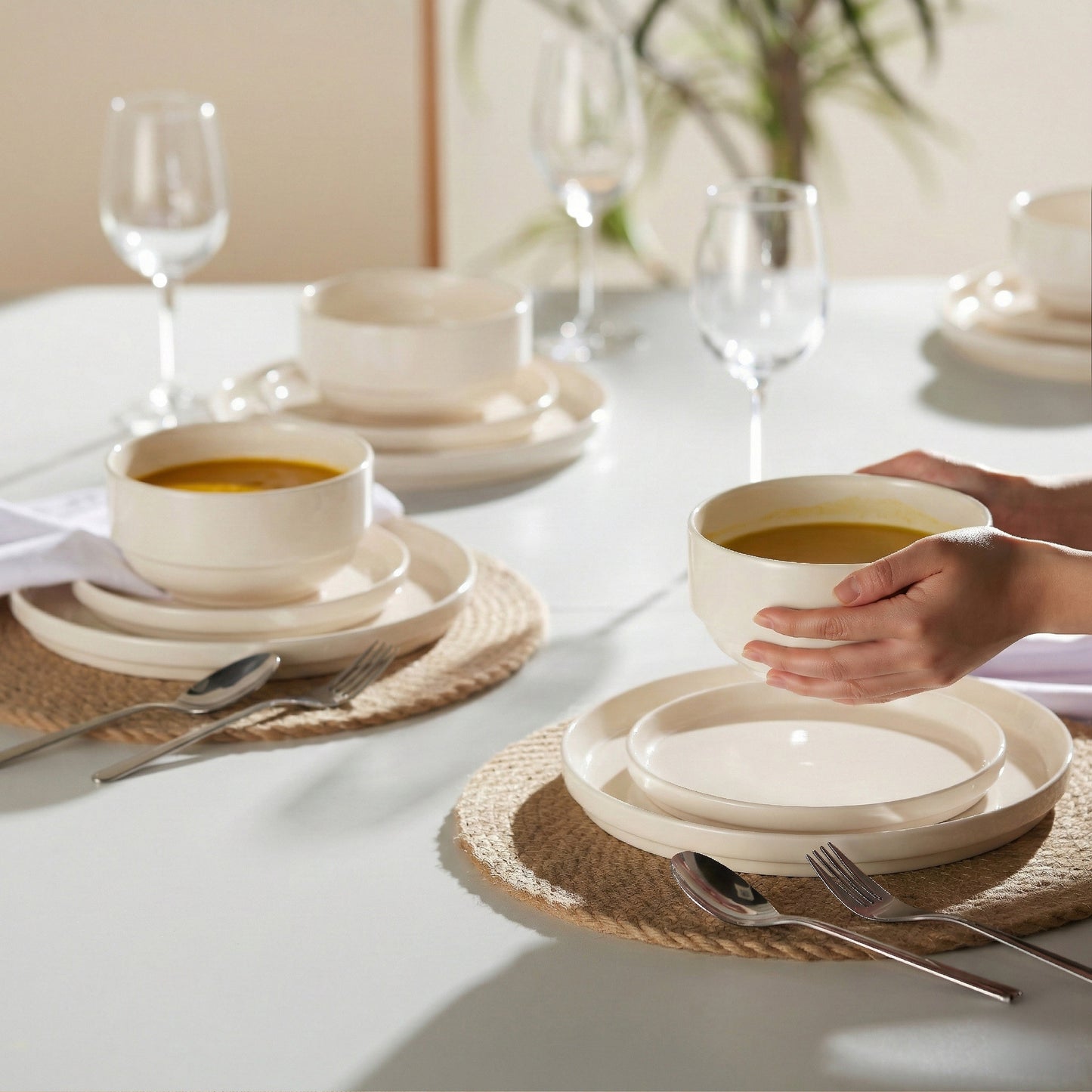 Dinnerware Set, 12 Piece Service for 4, Ceramic, Cambridge Classics