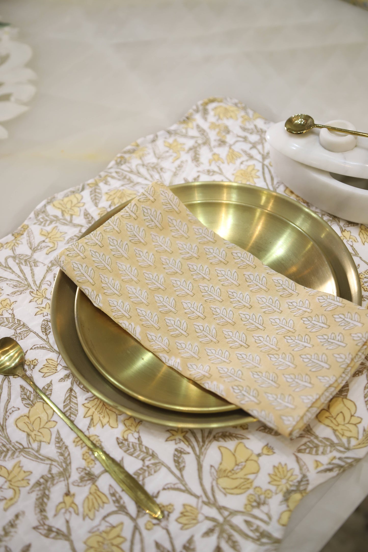 S/4 Amaltas Yellow Block Printed Table Napkins