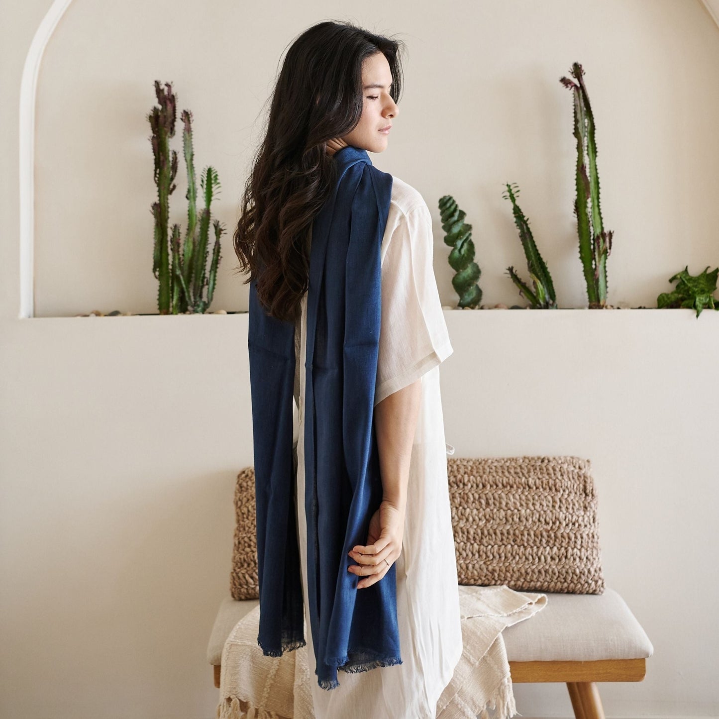 Midnight Navy Blue Hand Woven Linen Silk Blend Scarf