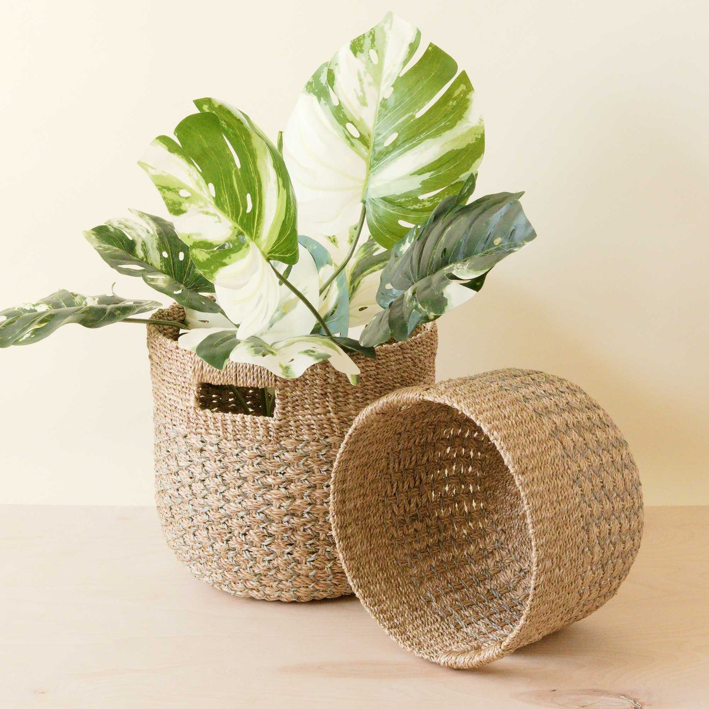 S/2 Grey + Natural Round Bottom Baskets
