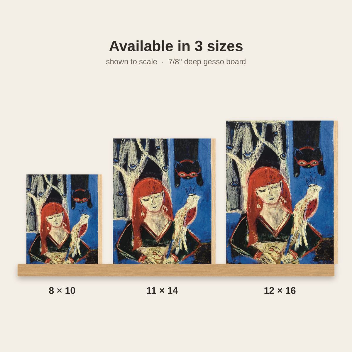 Night Time Art: Red-Haired Girl with a Cat and a Bird, Pastel Art Print on Board
