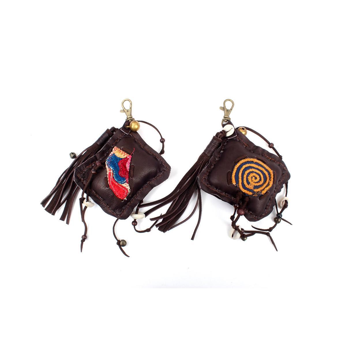 Handmade Leather Zipper Pull with Embroidery and Shell Detail | Ethical Bag Accessory – Thailand