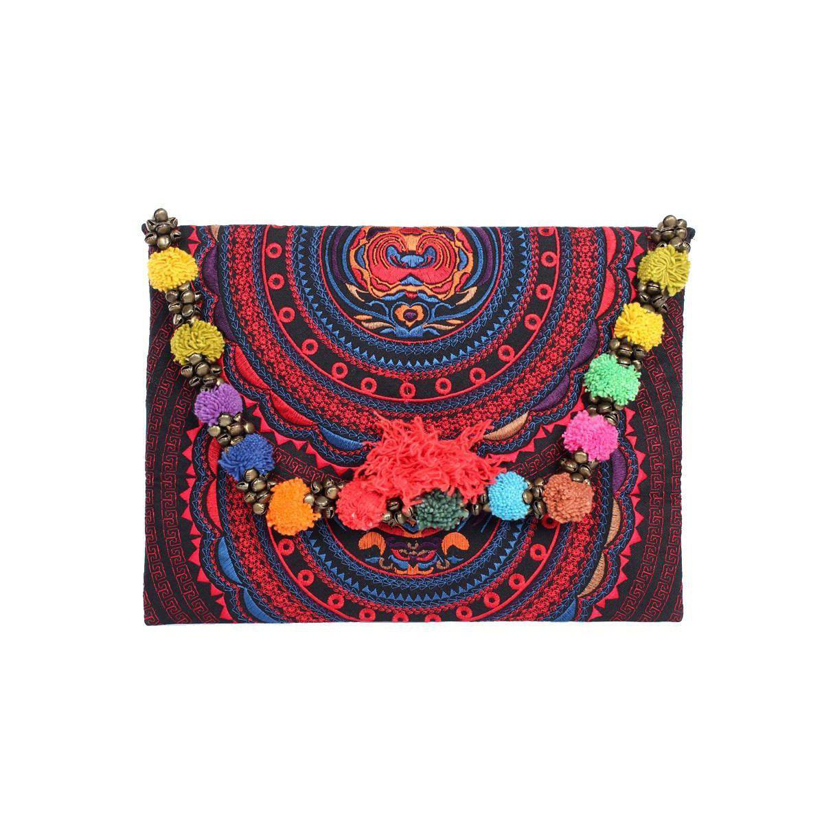 Pom Pom Embroidered Tribal Clutch | iPad Bag - Thailand