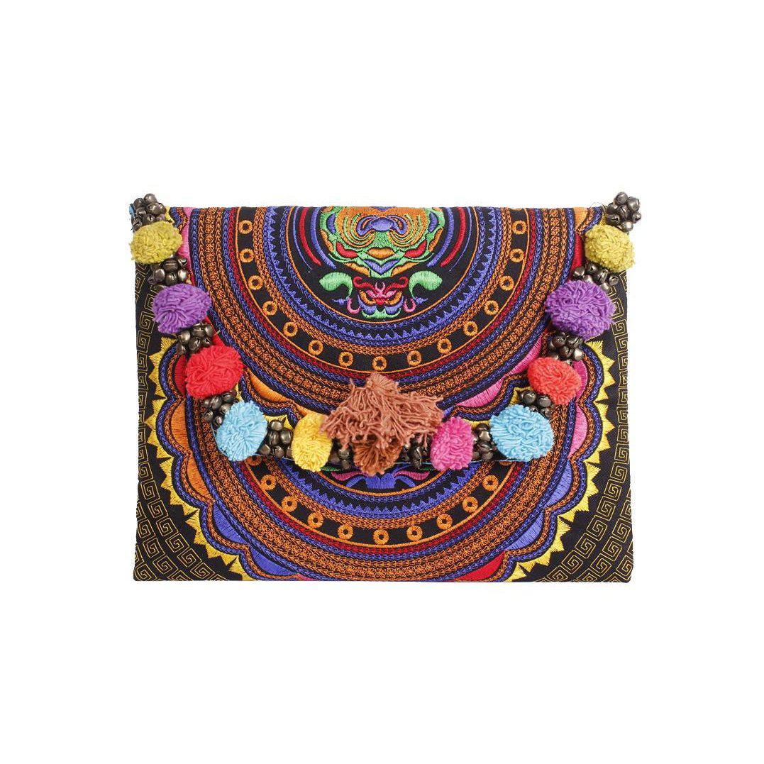 Pom Pom Embroidered Tribal Clutch | iPad Bag - Thailand