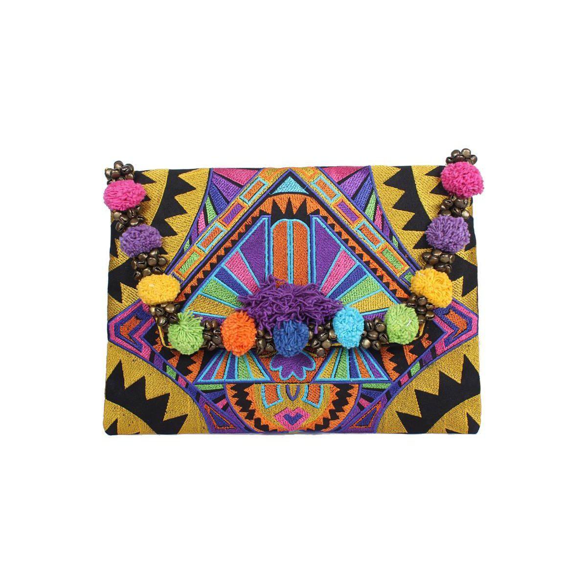 Pom Pom Embroidered Tribal Clutch | iPad Bag - Thailand