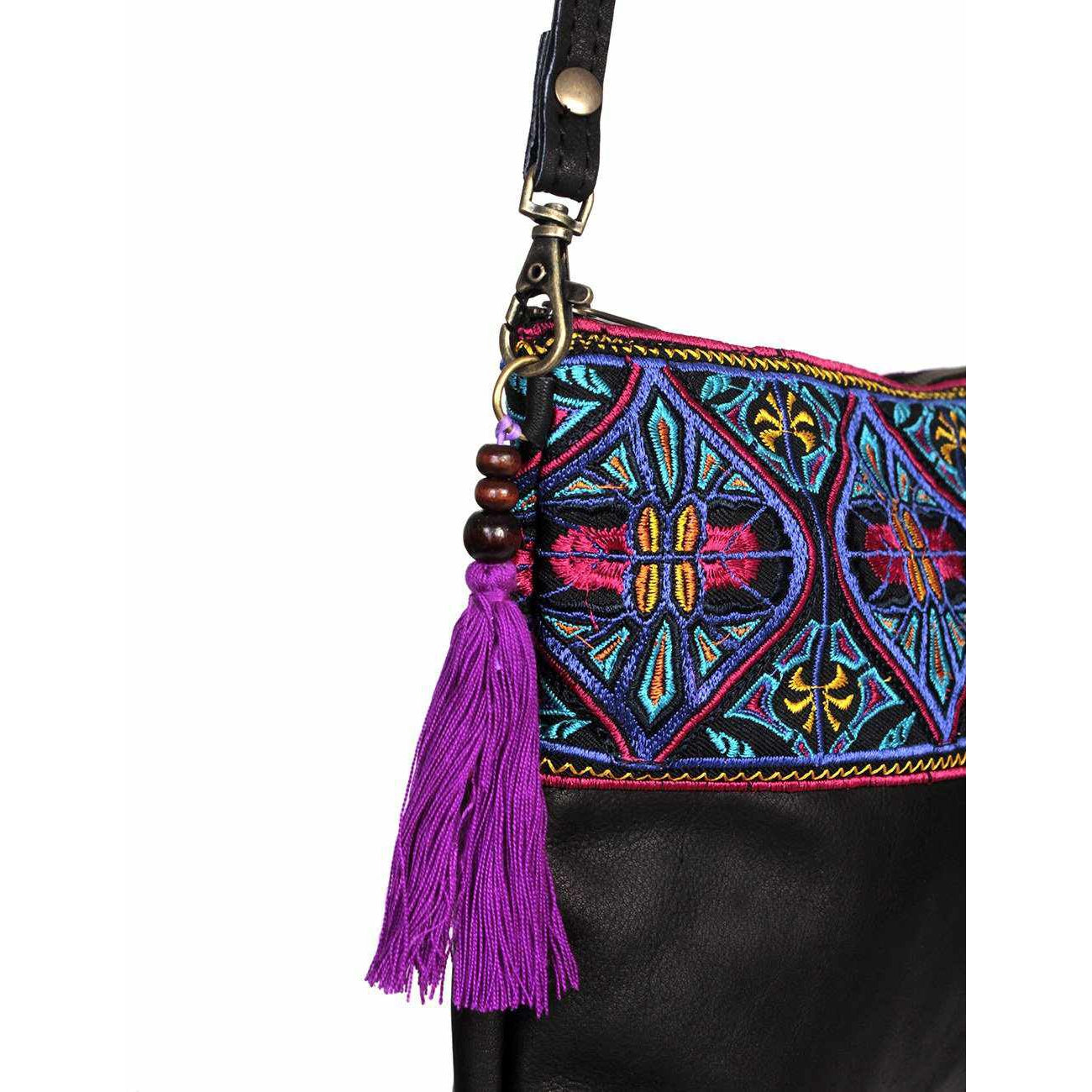 Convertible Embroidered Leather Crossbody / Clutch Bag - Thailand