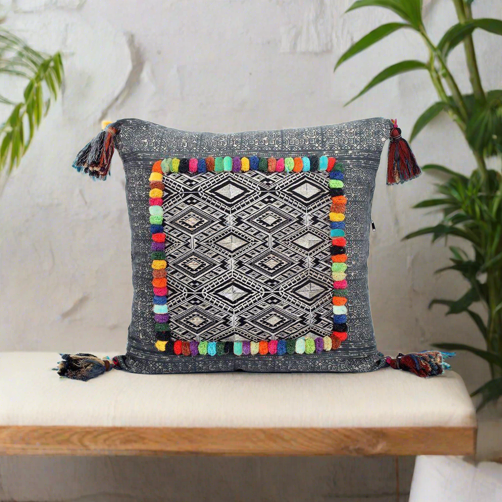 Batik Printed Embroidery Fabric Geometric Cushion- Thailand