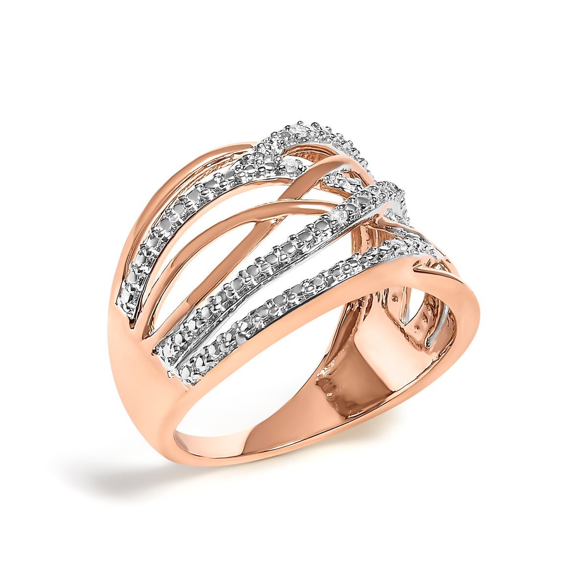 14K Rose Gold Plated .925 Sterling Silver Diamond Accent Crossover Ring (I-J Color, I2-I3 Clarity) - Ring Size 7