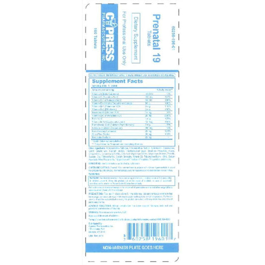 Cypress Pharmaceutical Prenatal 19 Cpl 100 By Pharma