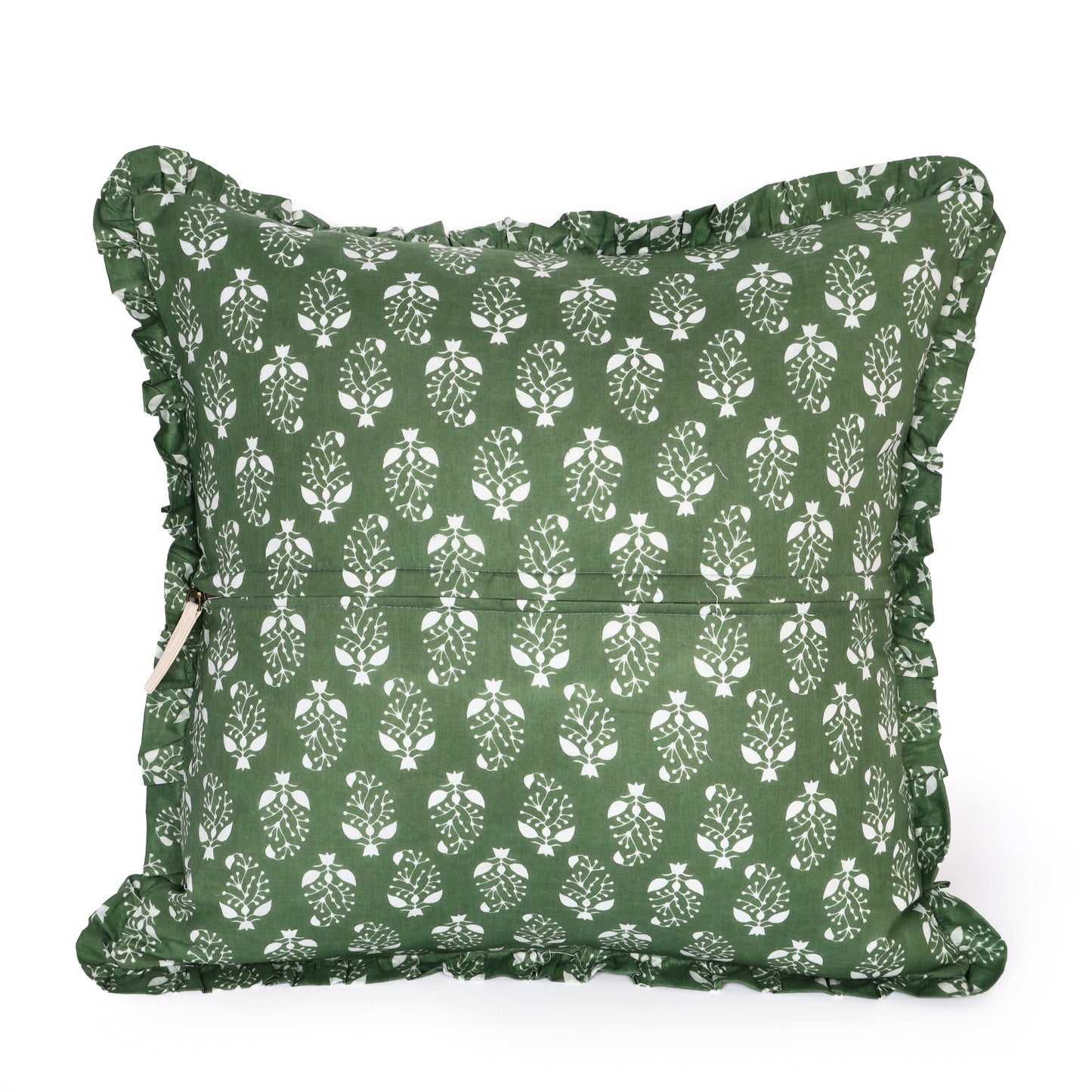 Block-Printed Pillow Cover | 20x20 Ruffled Cotton, Hidden Zipper