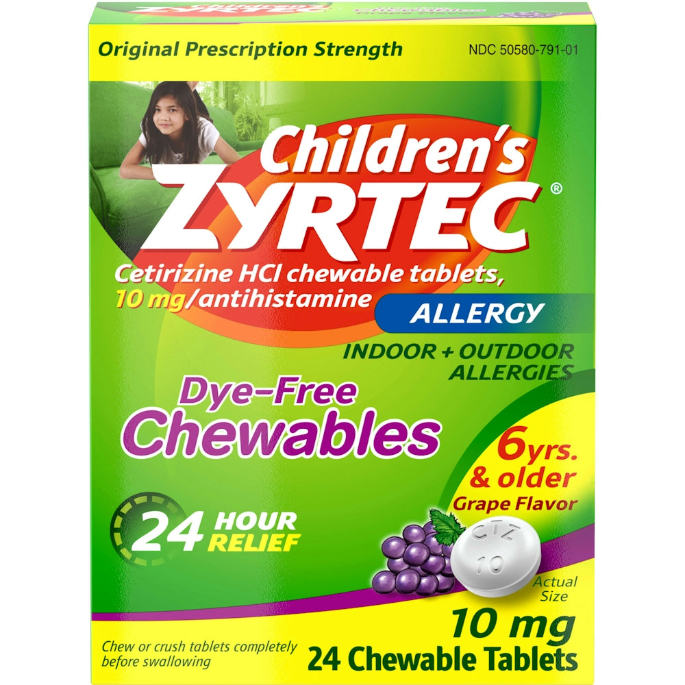 Zyrtec Allergy, Original Prescription Strength, 10 Mg, Chewable Tablets, Grape Flavor, Children's
