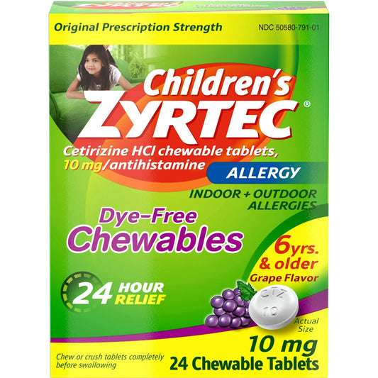 Zyrtec Allergy, Original Prescription Strength, 10 Mg, Chewable Tablets, Grape Flavor, Children's