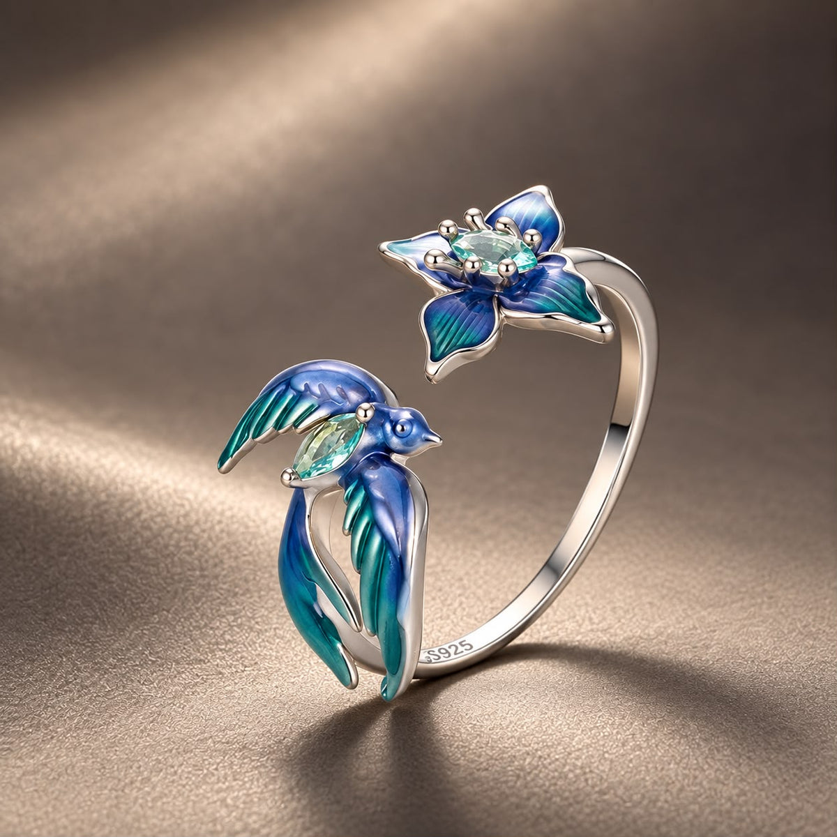 925 Sterling Silver White Gold Plated Enamel Transparent Glass 1.2cm Bird Ring for Women