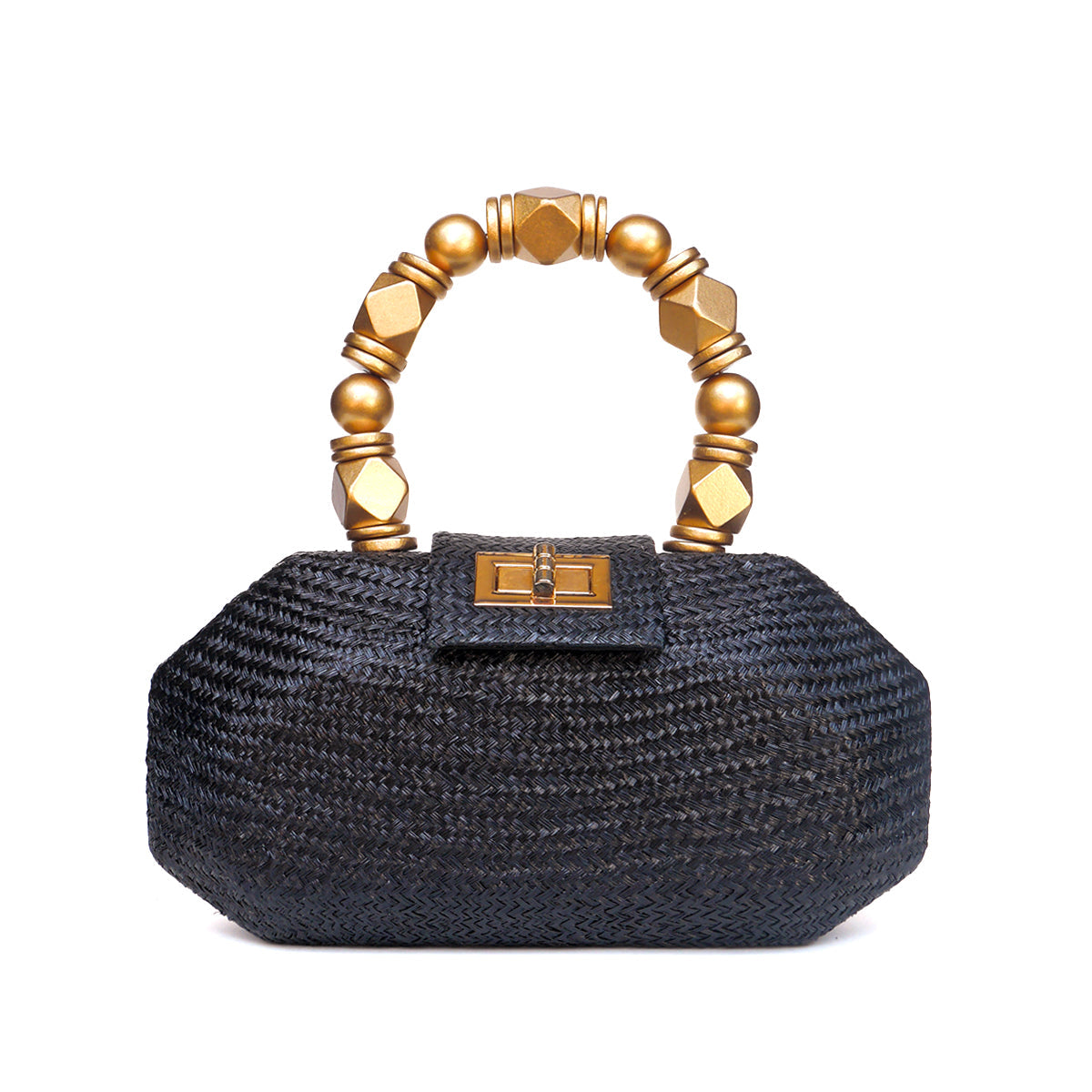 THE MELIA — Black Woven Straw Clutch with Beaded Top Handle