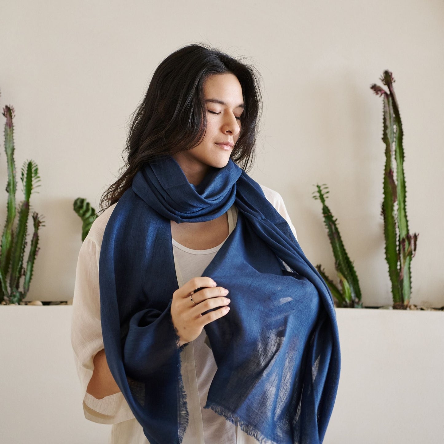 Midnight Navy Blue Hand Woven Linen Silk Blend Scarf