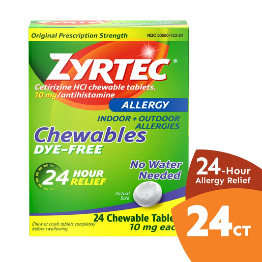 Zyrtec Allergy Relief, Original Prescription Strength, 10 Mg, Chewable Tablets