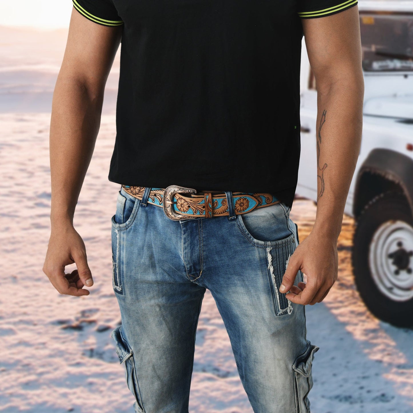 Western Cowboy Leather Belt - Blue & Brown - Osadia Concept Store