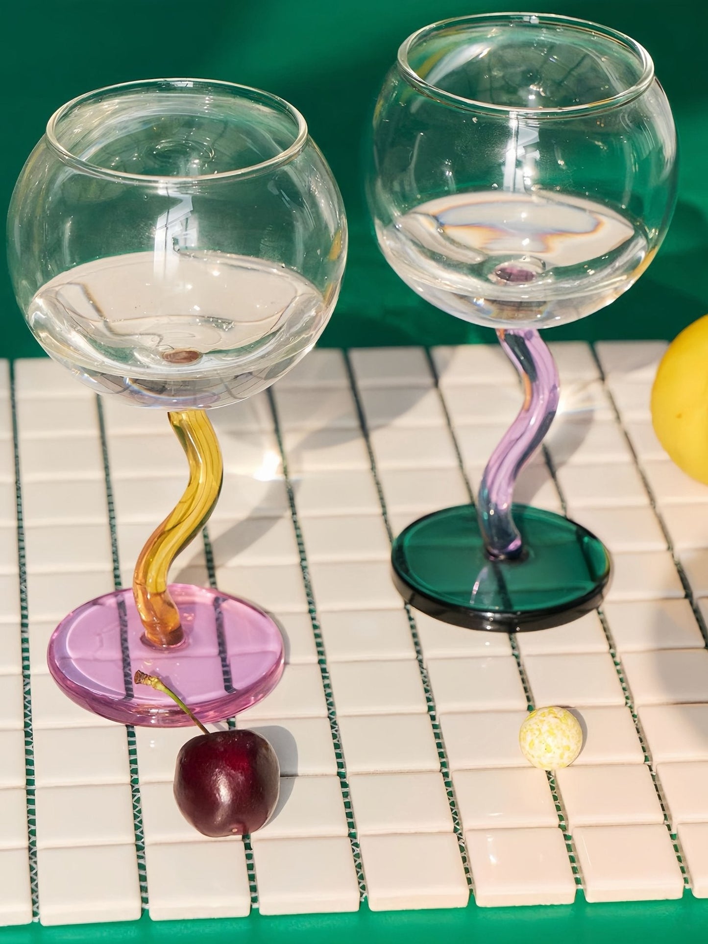 Handblown Bubble Wine Glass - Retro Whimsical Eclectic Wavy Stemmed Goblets