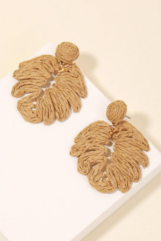RUBY NATURAL STRAW MONSTERA LEAF Drop Earrings
