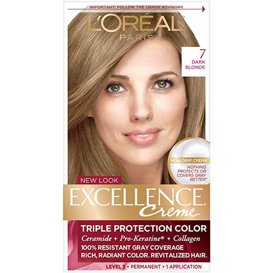 Excellence L'Oreal Paris Créme Permanent Triple Protection Hair Color, 7 Dark Blonde, 1 Kit