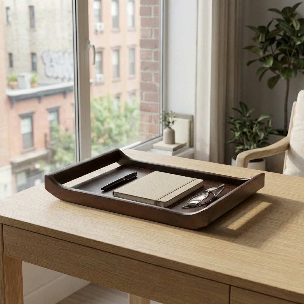 Acacia Wood Serving Tray Set of 2 in Urban Walnut Finish