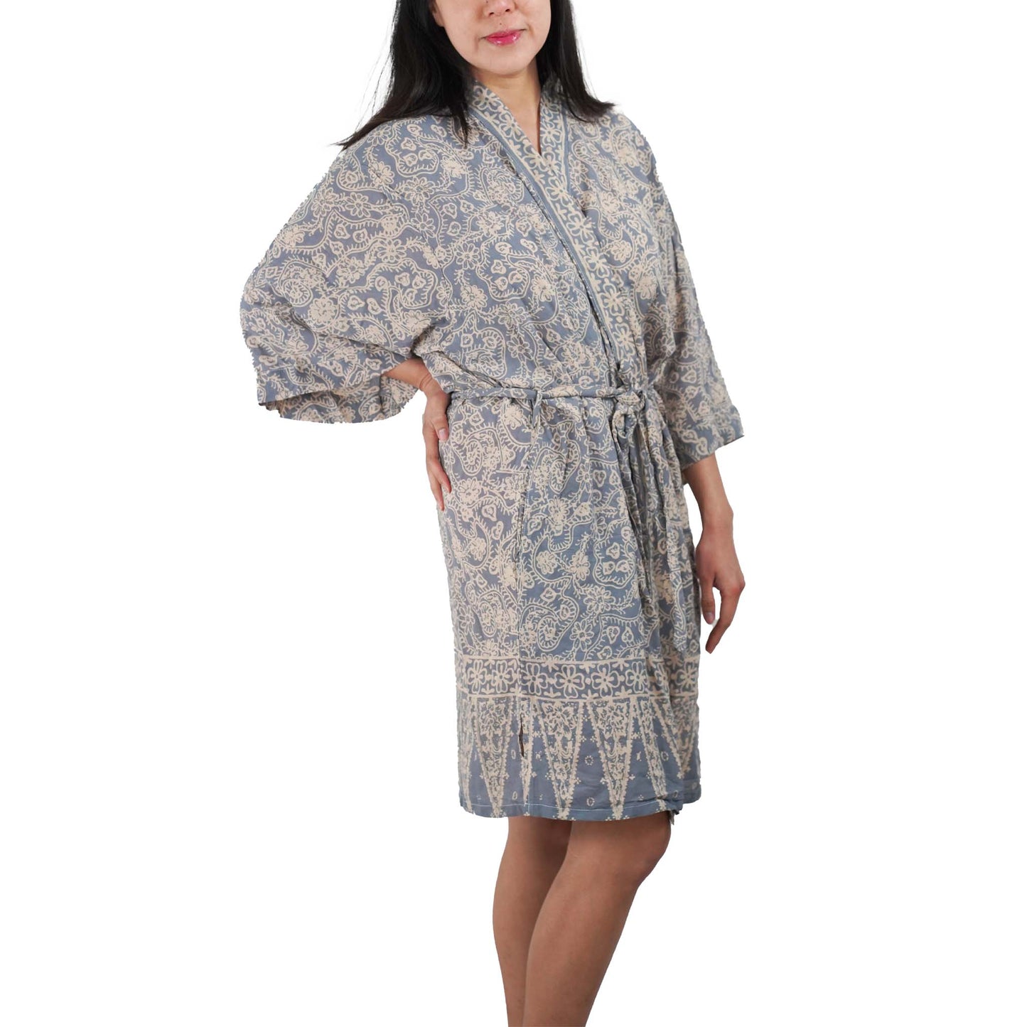 Hand Dyed Batik Robe Kimono, 100% Cotton, Gray, Silver Petals