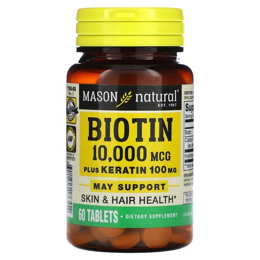 Mason Natural Biotin 10,000 Mcg Plus Keratin 100 Mg, 60 Tablets