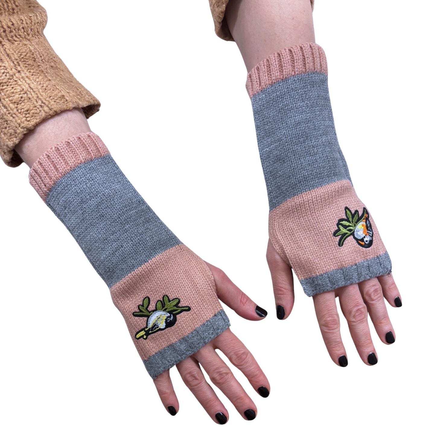 Bird Applique Arm Warmers | Fingerless Gloves in Black, Pink, or Green