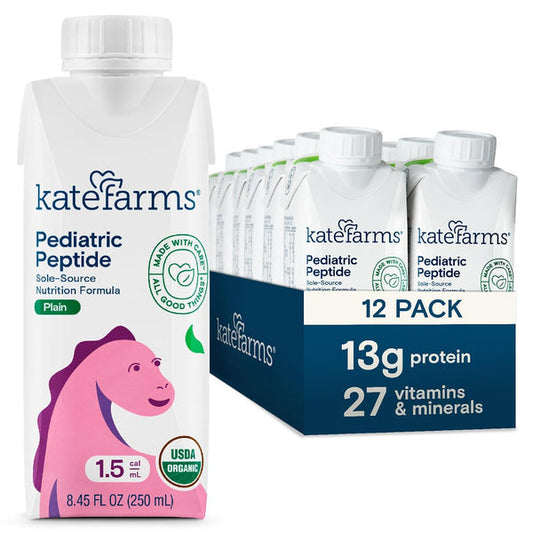 Kate farms Pediatric Peptide 1.5 Sole-Source Nutrition Formula, Plain And Vanilla Flavors, Organic Enzymatically Hydrolyzed Plant-Based Protein Drink, Meal Replacement For Oral & Tube Feeding, 8.45 FL Oz, Pack Of 12 Or