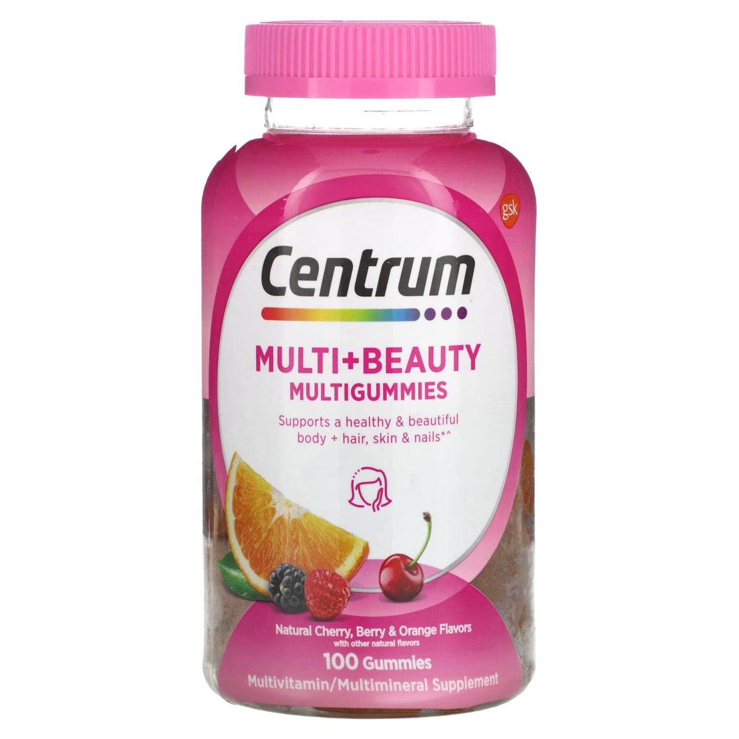 Centrum Multigummies, Dual Action, Multi + Beauty, 2500 Mcg, Gummies, Natural Cherry, Berry & Orange Flavors