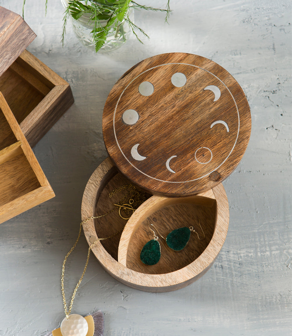 Indukala Moon Phase Round Pivot Box - Handcrafted Mango Wood - Osadia Concept Store