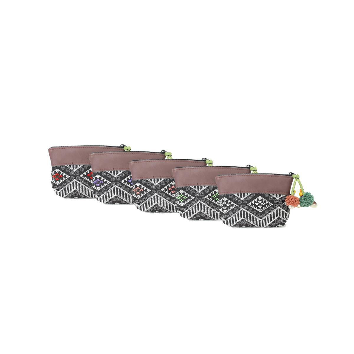 Leather Trim Embroidered Geometric Coin Purse  - Thailand