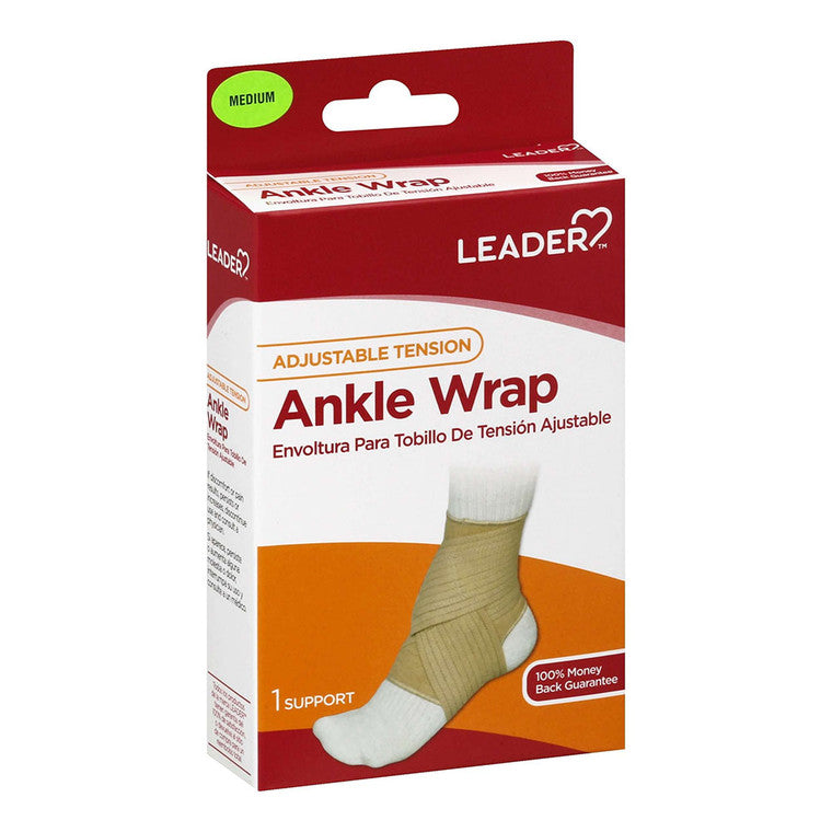 Leader Health Care Ankle Wrap, Adjustable Tension, Medium