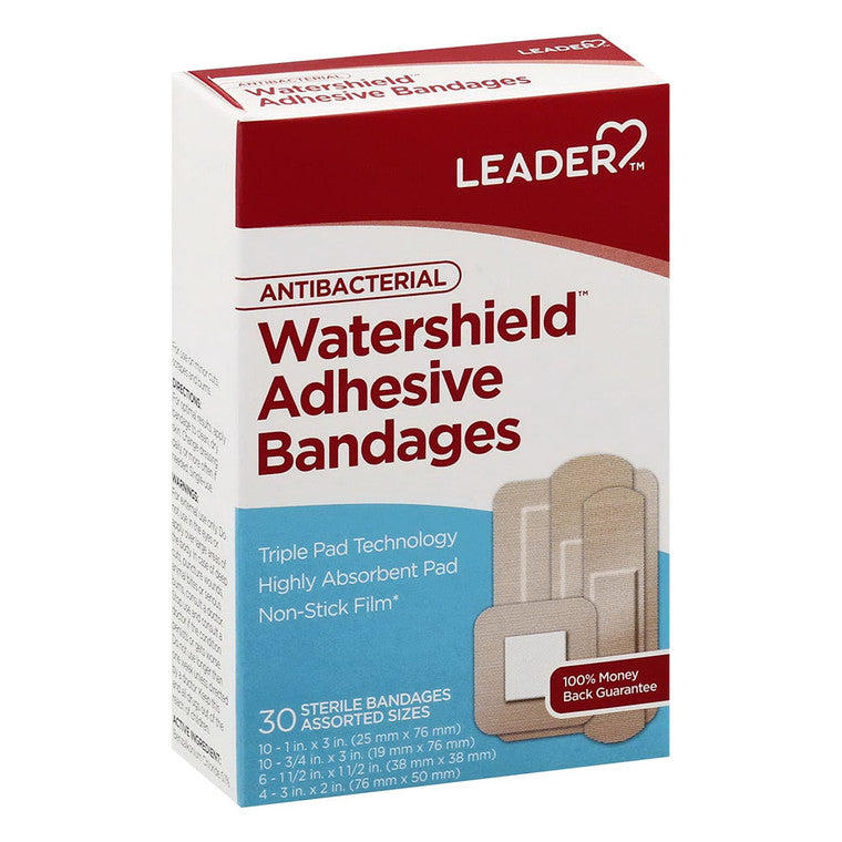 Leader Health Care Antibacterial Watershield Adhesive Bandages Assorted Sizes 30 Count Per Box