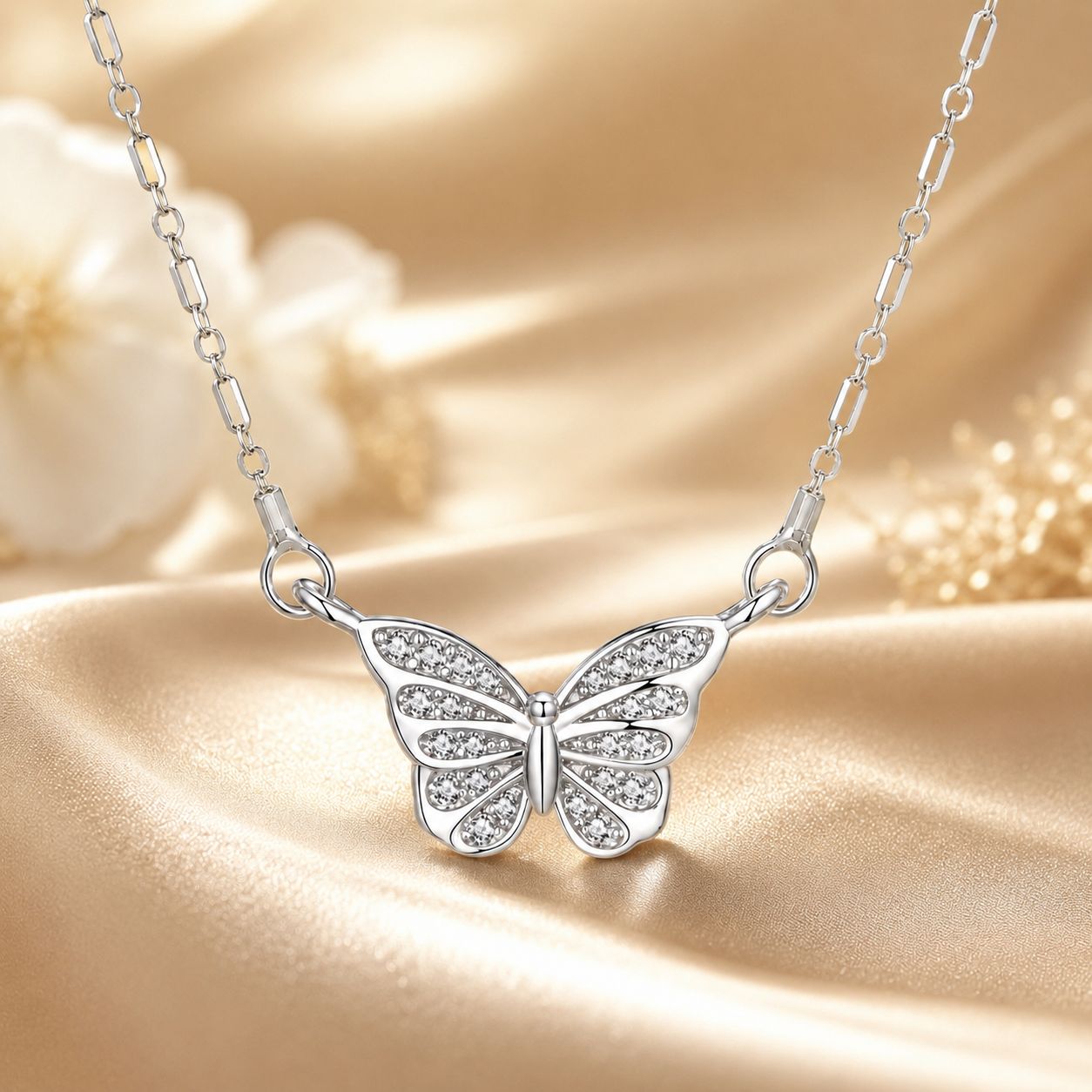 925 Sterling Silver Necklace with Pavé Setting CZ, Length 390+60mm, Pendant Size 8x15mm, for Women