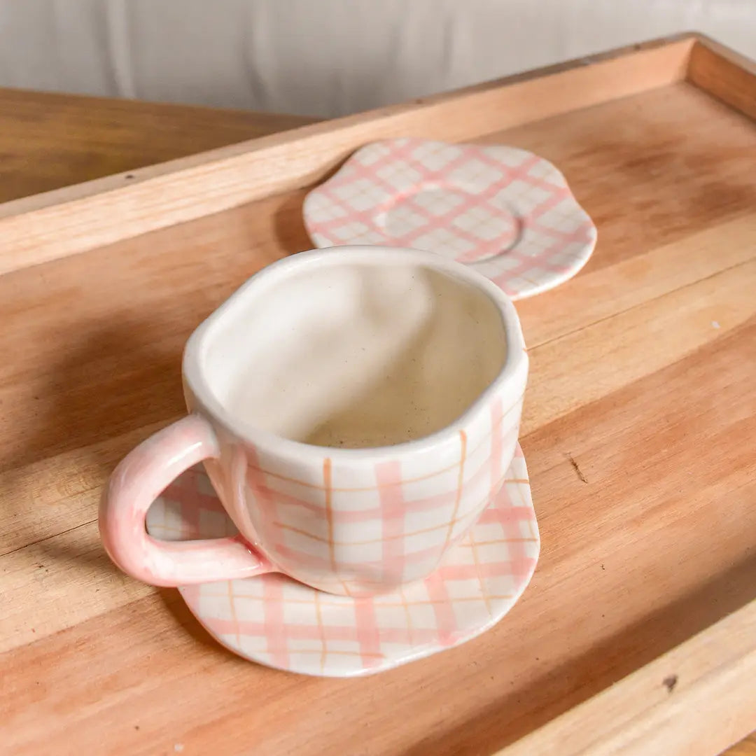Handmade Ceramic Mug & Coaster Set - Plaid