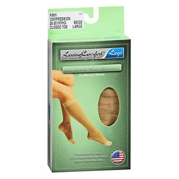 Loving Comfort Support Knee High Stockings Firm Compression Beige Large- 1 Pair