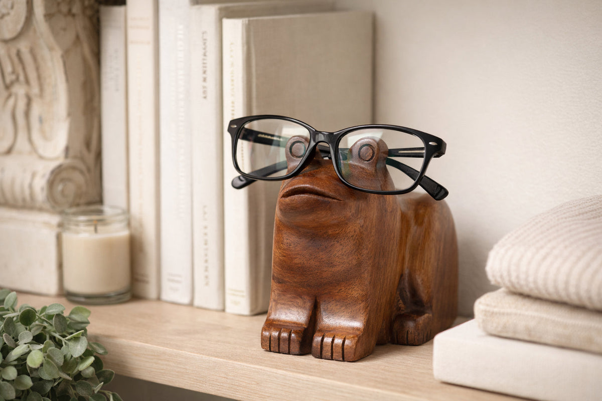 Frog Eyeglass Holder Stand - Hand Carved Wood
