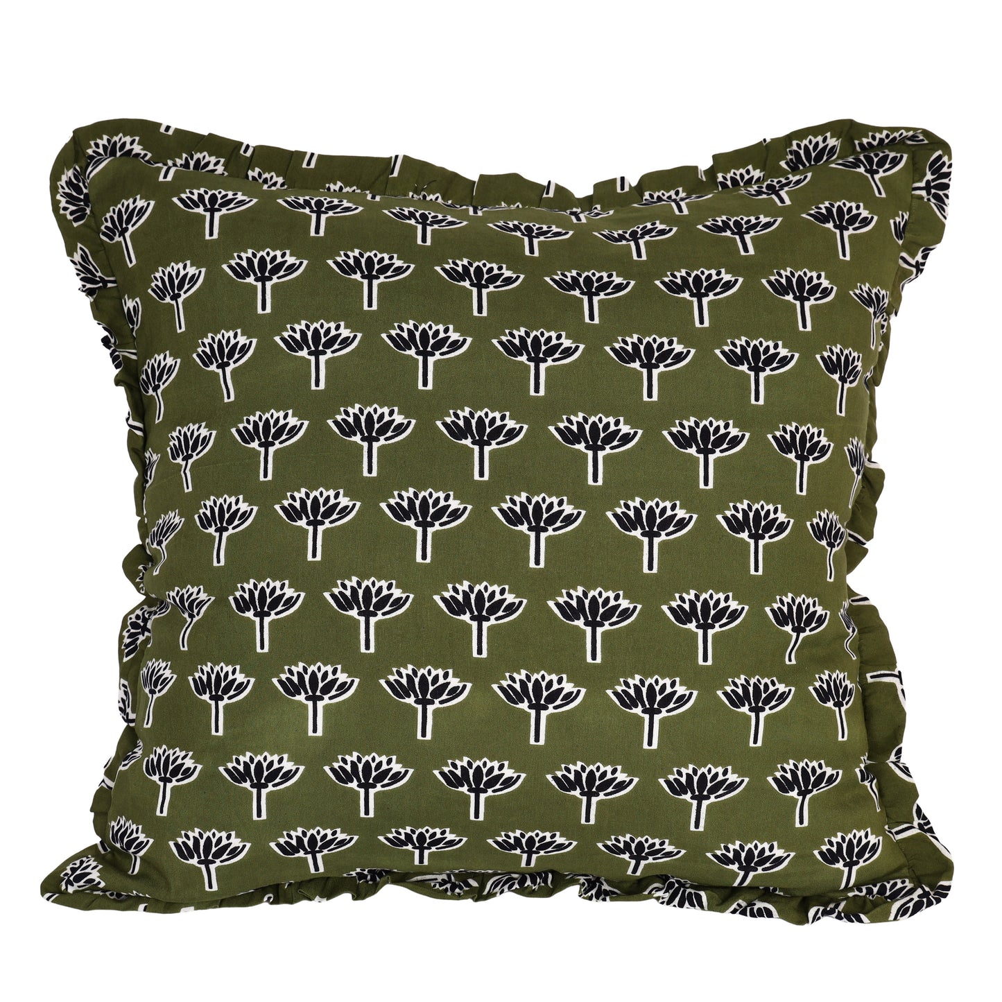 Block-Printed Pillow Cover | 20x20 Ruffled Cotton, Hidden Zipper