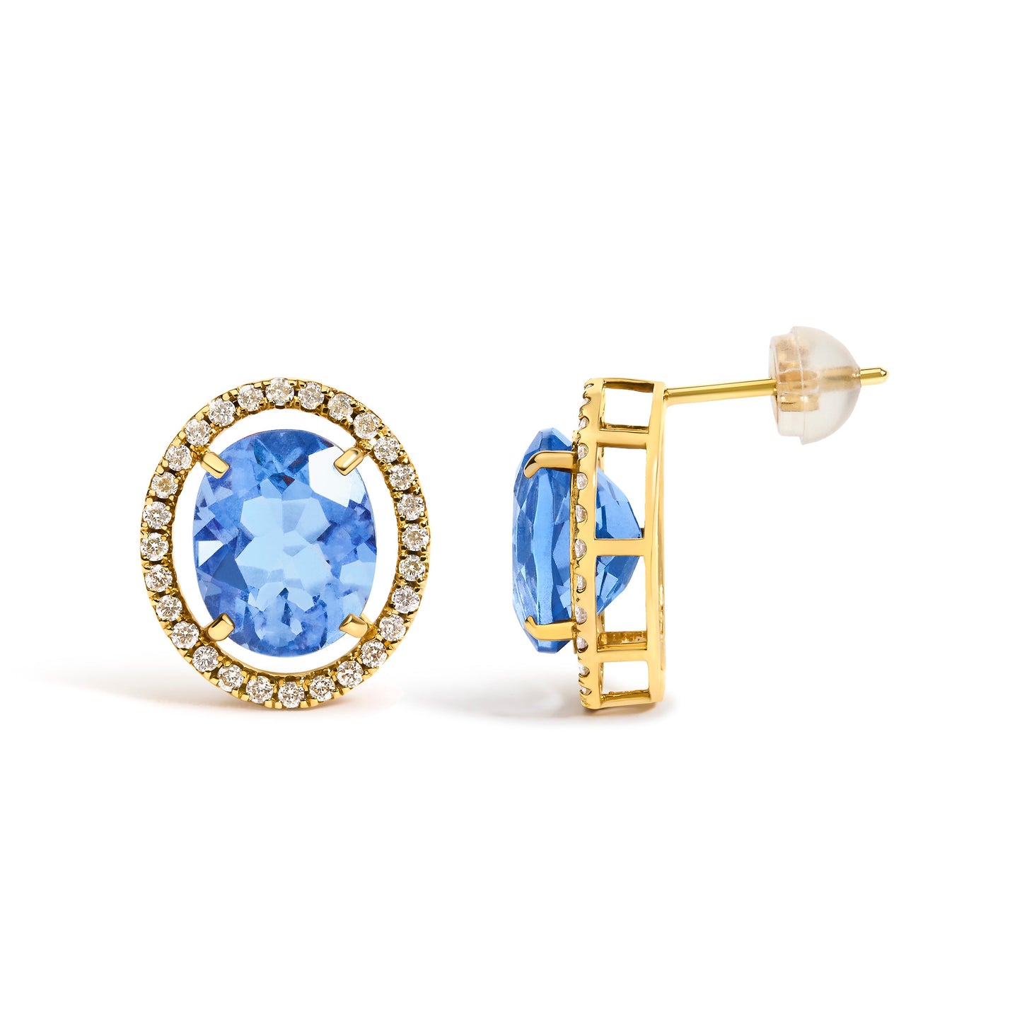 18K Yellow Gold 8X10 MM Blue Fluorite Oval and 1/2 Cttw Diamond Halo Stud Earrings
