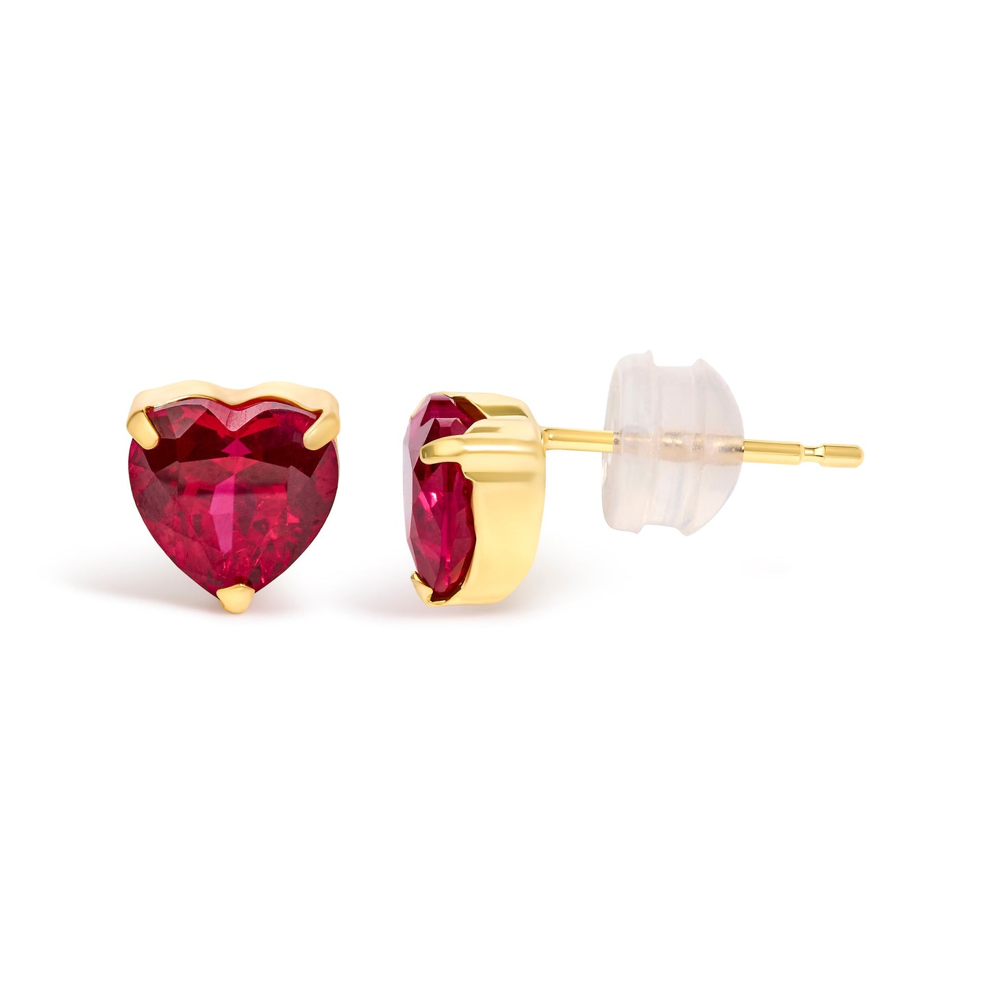 18K Yellow Gold 6x6 MM Created Red Ruby Heart Solitaire Stud Earrings