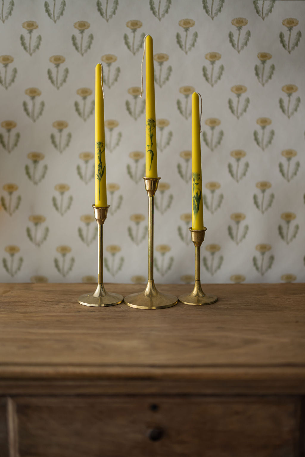 Floral Inlaid Tapered Candle in Cream - Set of 3