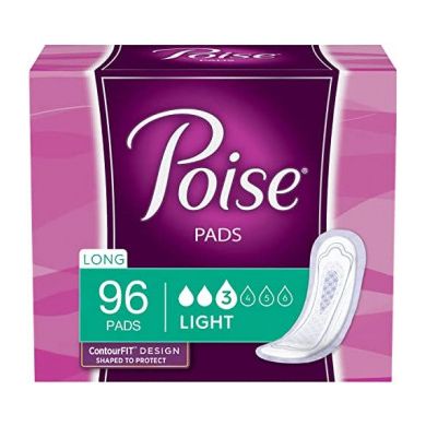 Poise Incontinence Pads For Women, Light Absorbency, Long Length, 96 Count (4 Packs Of 24) (Packaging May Vary)