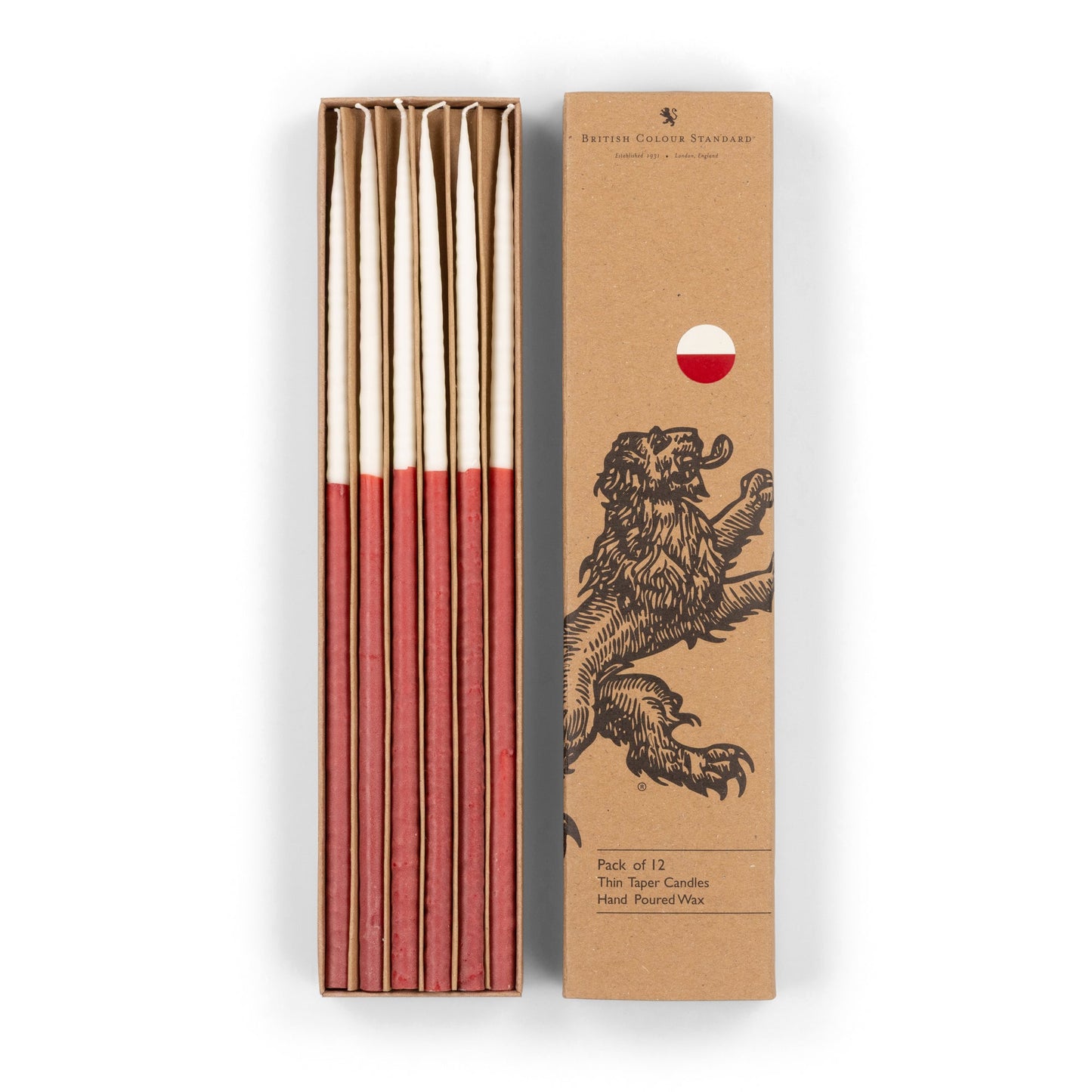 Thin Taper Candles - Two-Tone in Guardsman Red and Pearl